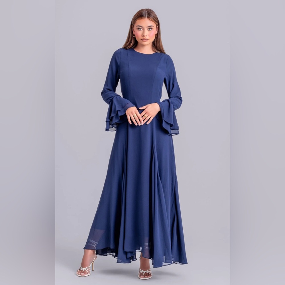 Dana Chiffon Ruffle Maxi Dress- Navy - XS Zahra The Label Modest Hijabi